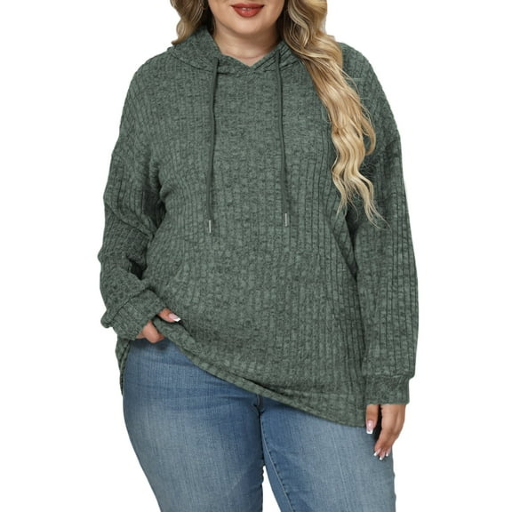 NISVIYA Plus Size Tops for Women Fall Fashion Ribbed Knit Hoodies Casual Long Sleeves Sweater with Pocket Front Charcoal