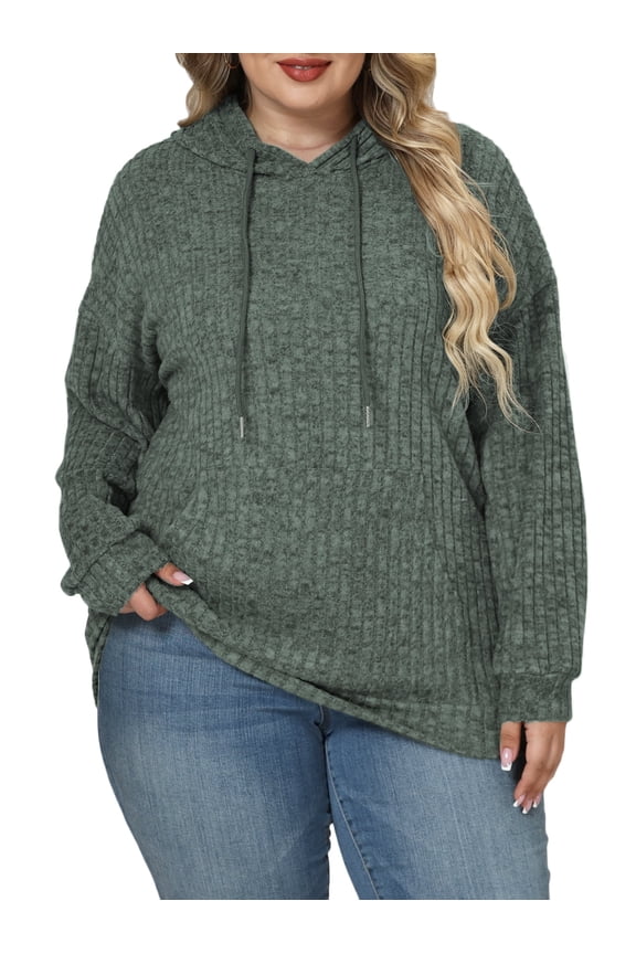 Plus Size Tops for Women Fall Fashion Ribbed Knit Hoodies Casual Long Sleeves Sweater with Pocket Front Charcoal