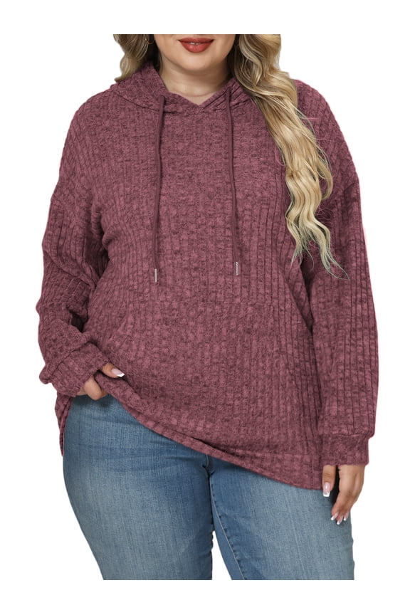 Women's Plus Size Charcoal Hoodie - Ribbed Knit Long Sleeve Casual Sweater with Front Pocket Wine Red