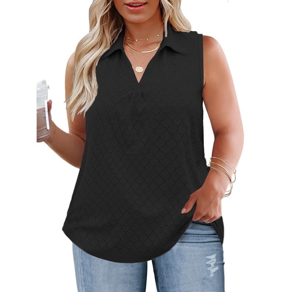NISVIYA Plus Size Tops for Women Summer Sleeveless Shirts Eyelet Fashion V Neck Tunics Black 3XL
