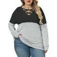 thumbnail image 1 of NISVIYA Plus Size Women Tops Loose Fit Criss Cross V Neck Sweatshirts Cozy Color Block Shirts Winter Long Sleeves Pullover, 1 of 4