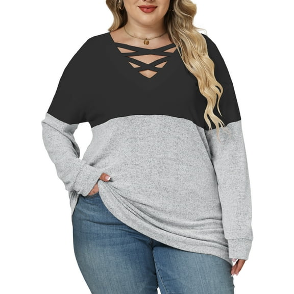 NISVIYA Plus Size Women Tops Loose Fit Criss Cross V Neck Sweatshirts Cozy Color Block Shirts Winter Long Sleeves Pullover