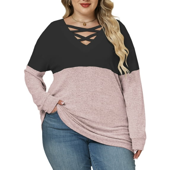NISVIYA Plus Size Women Tops Loose Fit Criss Cross V Neck Sweatshirts Cozy Color Block Shirts Winter Long Sleeves Pullover