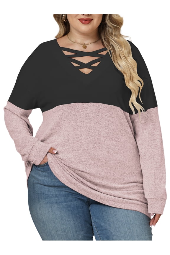Plus Size Women Tops Loose Fit Criss Cross V Neck Sweatshirts Cozy Color Block Shirts Winter Long Sleeves Pullover