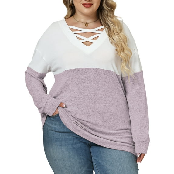 NISVIYA Plus Size Women Tops Loose Fit Criss Cross V Neck Sweatshirts Cozy Color Block Shirts Winter Long Sleeves Pullover