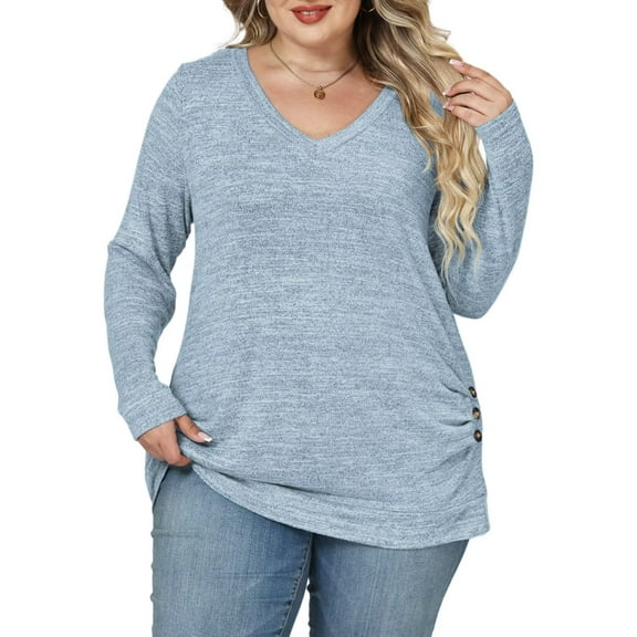 NISVIYA Plus Size Women Tops Trendy Long Sleeve Shirts Fashion Ruched Tunics Ladies Going Out V Neck Blouses