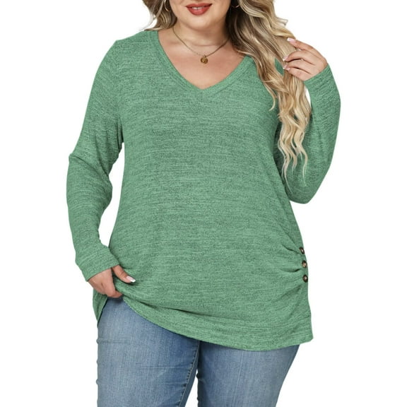 NISVIYA Plus Size Women Tops Trendy Long Sleeve Shirts Fashion Ruched Tunics Ladies Going Out V Neck Blouses