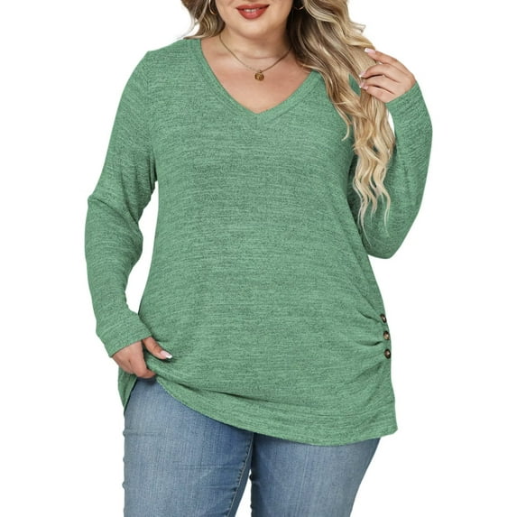 NISVIYA Plus Size Women Tops Trendy Long Sleeve Shirts Fashion Ruched Tunics Ladies Going Out V Neck Blouses