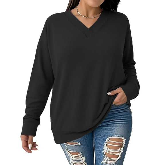 NISVIYA Winter Oversized Sweatshirts for Women Fall Trendy Basic V Neck Long Sleeves Pullover