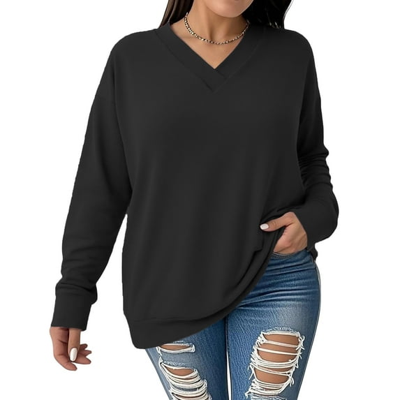NISVIYA Winter Oversized Sweatshirts for Women Fall Trendy Basic V Neck Long Sleeves Pullover