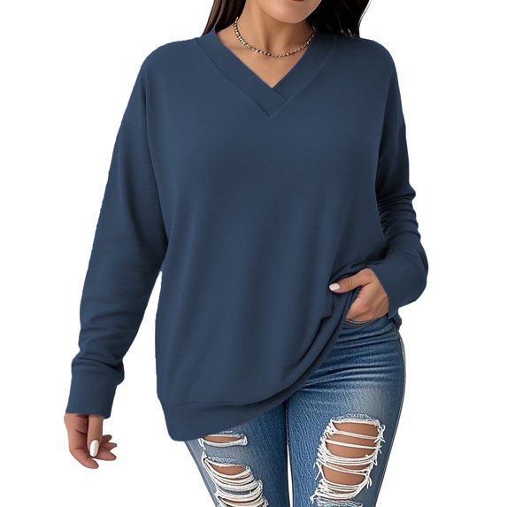 NISVIYA Winter Oversized Sweatshirts for Women Fall Trendy Basic V Neck Long Sleeves Pullover