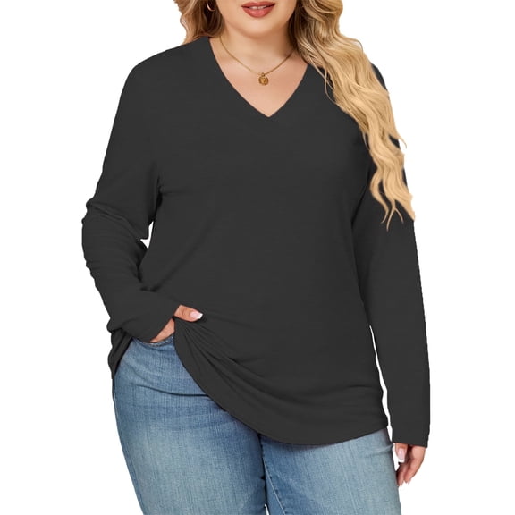 NISVIYA Winter Womens Tops Plus Size Dressy Casual Long Sleeve V Neck Work Tunics Tees Black