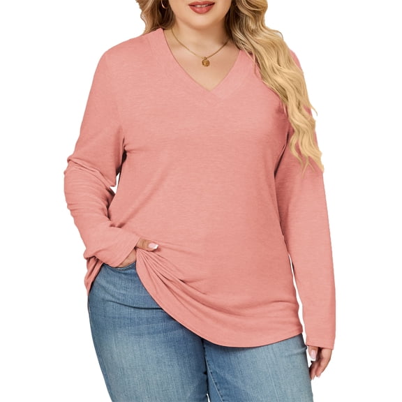 NISVIYA Winter Womens Tops Plus Size Dressy Casual Long Sleeve V Neck Work Tunics Tees Coral