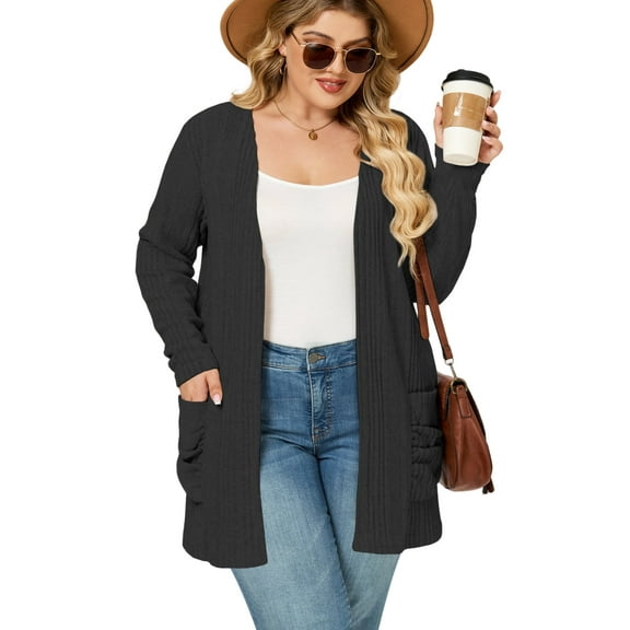 NISVIYA Women Plus Size Cardigans Dressy Casual Below Hip Length Cardigan Sweater Long Sleeves Open-Front Sweater with Pockets