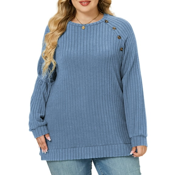 NISVIYA Womens Plus Size Basic Tops Loose Fit Button Decor Tunics Fashion Ribbed Knit Pullover Sweaters
