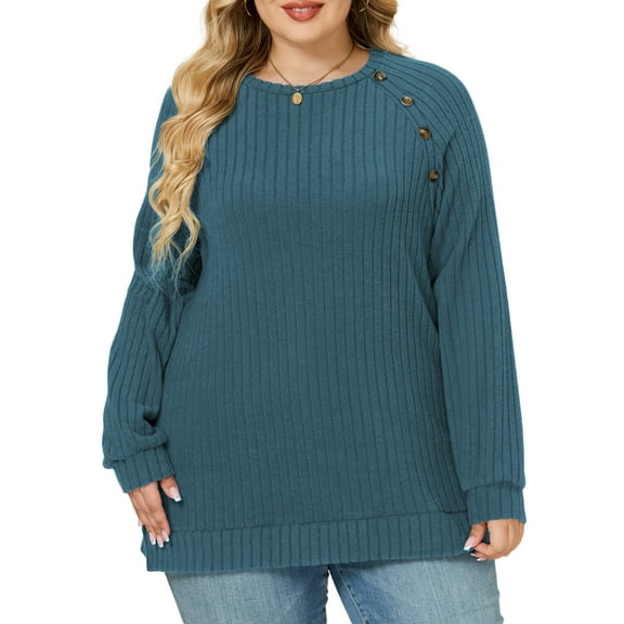 NISVIYA Womens Plus Size Basic Tops Loose Fit Button Decor Tunics Fashion Ribbed Knit Pullover Sweaters