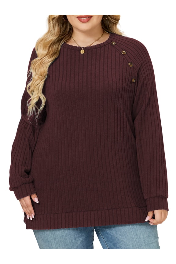 Womens Plus Size Basic Tops Loose Fit Button Decor Tunics Fashion Ribbed Knit Pullover Sweaters