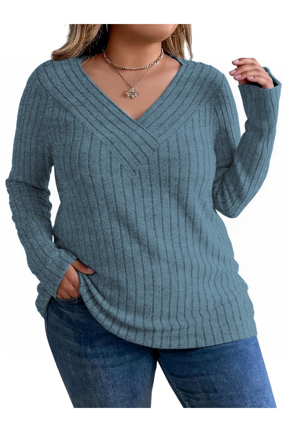 Womens Plus Size V Neck Long Sleeve Winter Pullover Sweater Blue