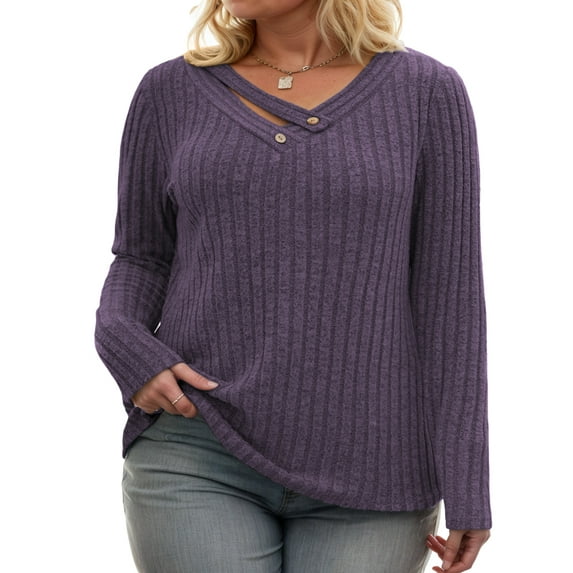 NISVIYA Winter Womens Plus Size Sweaters Blouses Elegant Long Sleeve Chic V Neck Pullover Purple