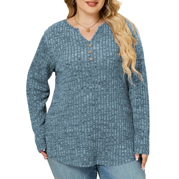 NISVIYA Womens Plus Size Tops Casual Henley V Neck Shirts Trendy Long Sleeve Pullover Basic 2025 Ribbed Knit Sweaters