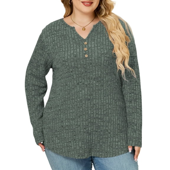 NISVIYA Womens Plus Size Tops Casual Henley V Neck Shirts Trendy Long Sleeve Pullover Basic 2025 Ribbed Knit Sweaters