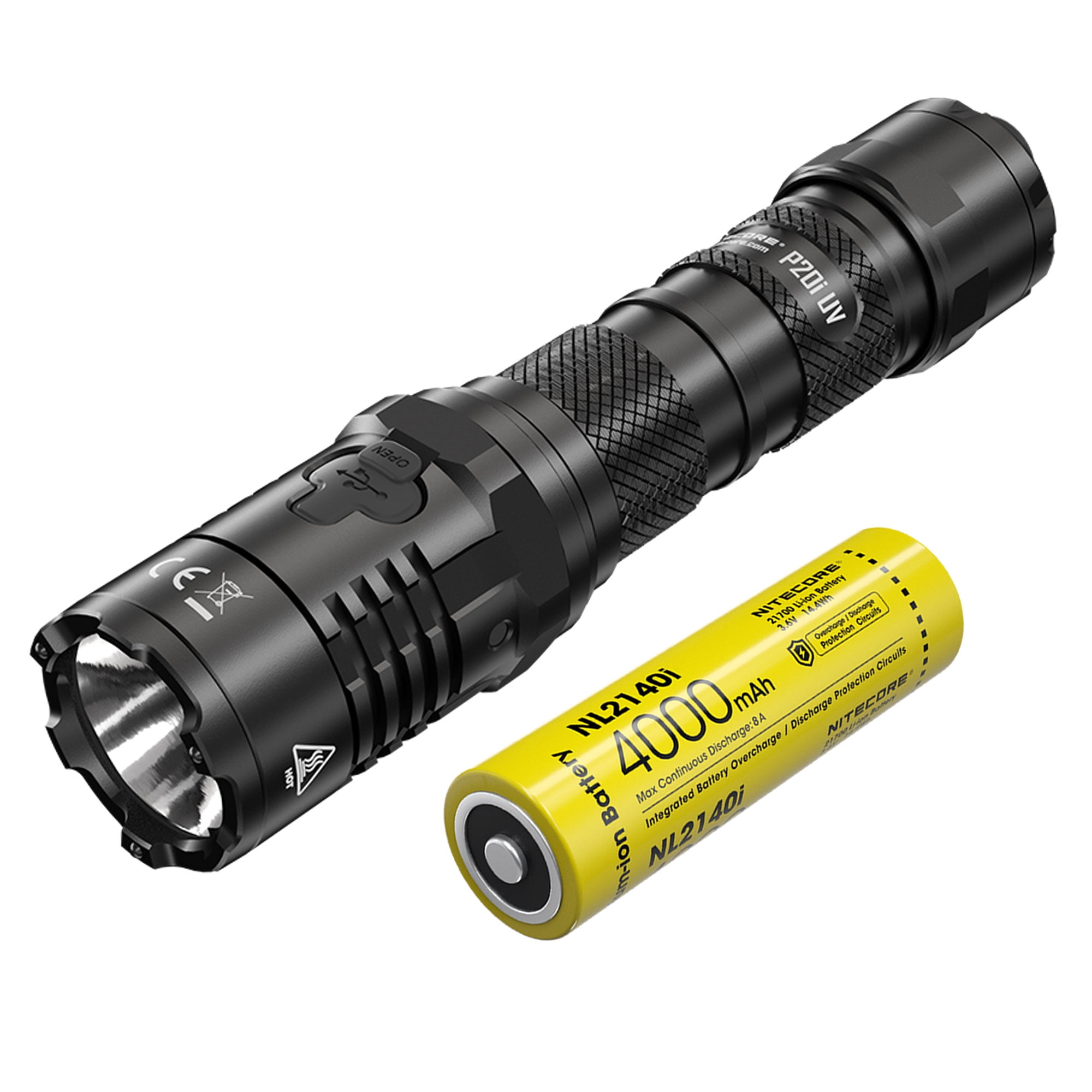 Nitecore P20i UV Luminus SST-40-W LED Rechargeable Flashlight w/UV Light, 21700, White, 1800 Lumens, Black, 6952506406616