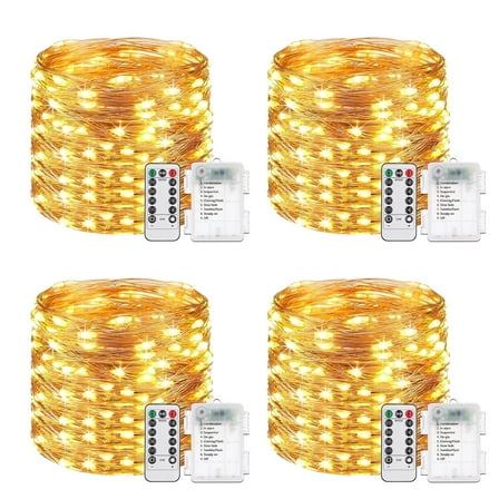 NITIDSKY 4 pack 33ft 100 LED Fairy Lights Battery Operated String Lights with Remote and 8 Modes Christmas Wedding Party Decoration, Warm White