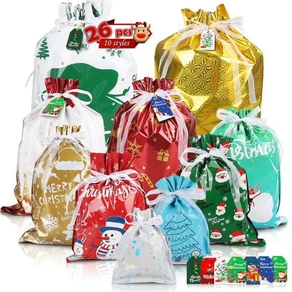 NITIDSKY 26Pcs Christmas Gift Bags Xmas Drawstring Bags with Tags Christmas Gift Wrapping Sacks Pouches for Xmas Holiday Presents Party Favor