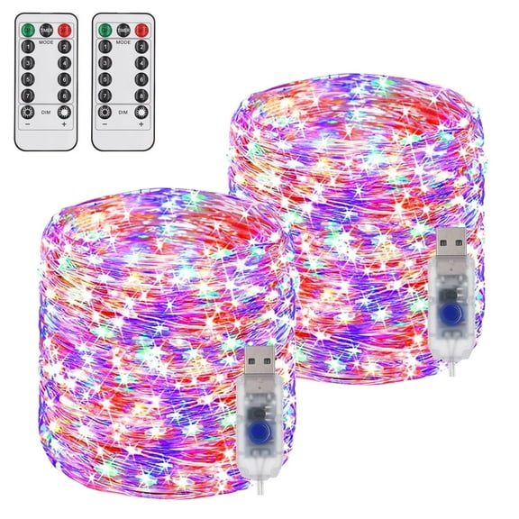 NITIDSKY USB Christmas Lights, 2 Pack 66ft 200 LED USB Plug in Fairy Lights with Remote Christmas Twinkle Lights Holiday Party Wedding Indoor Decorations, Multicolor