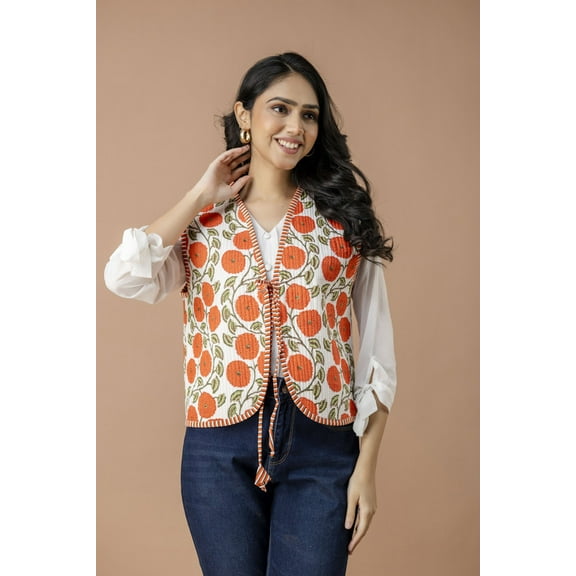 NITIN TEXTILES Handmade Quilted Cotton Jacket for Women – Sleeveless with Zinnia Floral Block Print