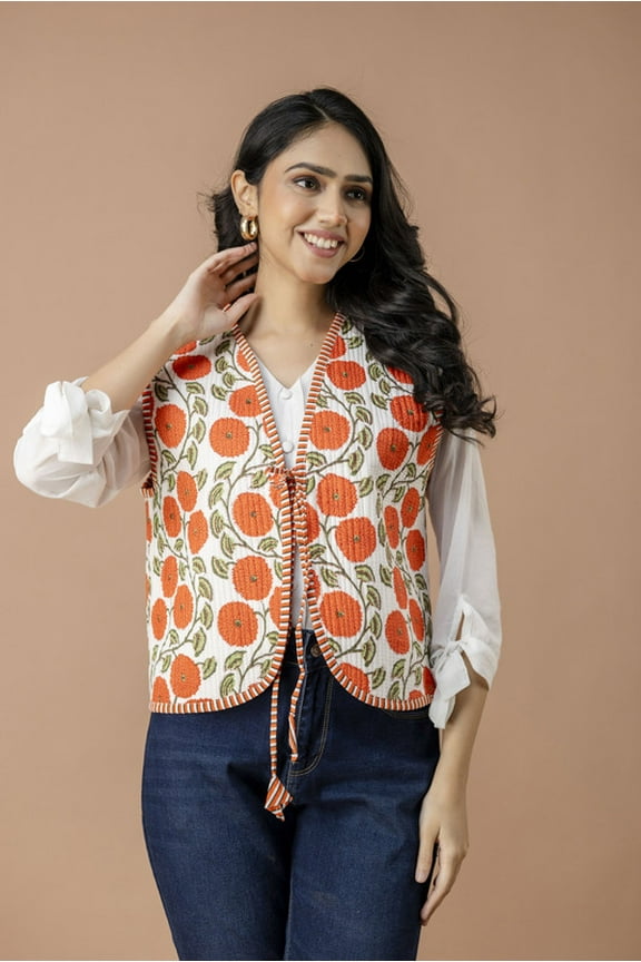 Handmade Quilted Cotton Jacket for Women – Sleeveless with Zinnia Floral Block Print