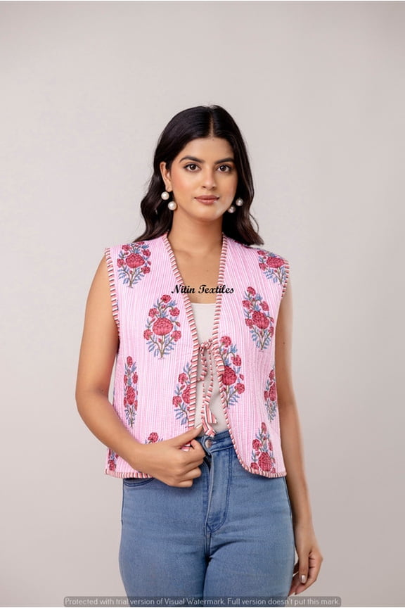 Women’s Cotton Quilted Waistcoat Floral Hand Block Print Sleeveless Indo Western Jacket with Tie Closure