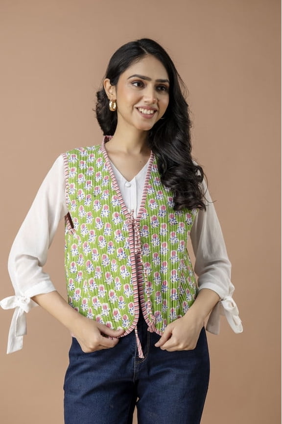 Women’s Sleeveless Cotton Vest Handmade Floral Block Quilted Jacket