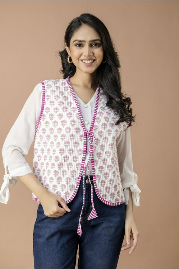 Women’s Sleeveless Quilted Vest – 100% Cotton with Miniature Floral Block Print