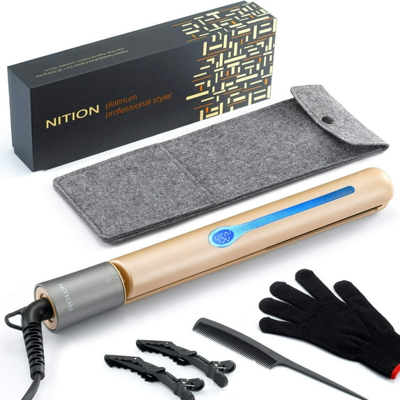 NITION Professional Salon Hair Straightener Argan Oil Tourmaline Ceramic Titanium Straightening Flat Iron for Healthy Styling,LCD 265°F-450°F,2-in-1 Curling Iron for All Ha