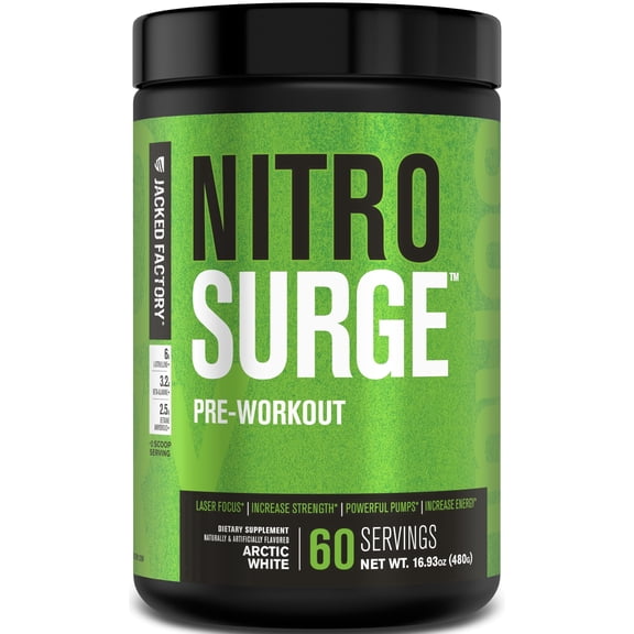 NITROSURGE Pre Workout Supplement - Endless Energy, Instant Strength Gains, Clear Focus, Intense Pumps - NO Booster & Powerful Preworkout Energy Powder - 60 Servings, Arctic White
