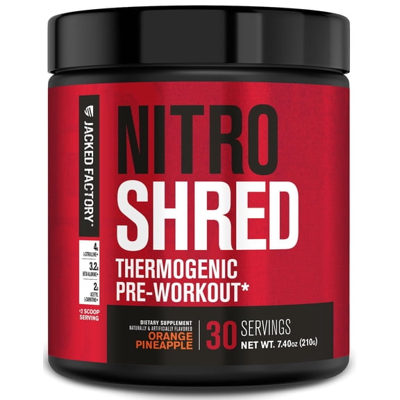 NITROSURGE Shred Pre Workout Supplement - Energy Booster, Instant Strength Gains, Sharp Focus, Powerful Pumps - Nitric Oxide Booster & PreWorkout Powder - 30Sv, Orange Pineapple