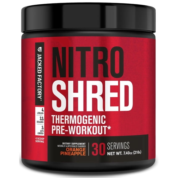 NITROSURGE Shred Pre Workout Supplement - Energy Booster, Instant Strength Gains, Sharp Focus, Powerful Pumps - Nitric Oxide Booster & PreWorkout Powder - 30Sv, Orange Pineapple