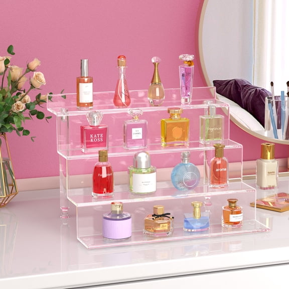 NIUBEE 12Inch Acrylic Riser Display Shelf Perfume Organizer, Clear Display Stand Compatible with Figures Lego Display Shelves, 4 Tier Cupcakes Stand for Decoration and Organizer
