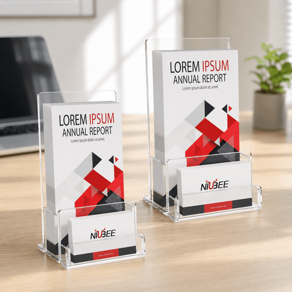 NIUBEE 2 Pack Acrylic Brochure Holder, Clear Brochure Display Stand with Acrylic Business Card Holder, Plastic Flyer Holder for Magazine, Booklets, Menu, Journals, Business Card