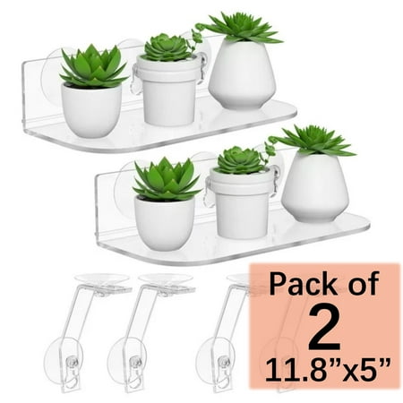 NIUBEE 2 Pack Suction Cup Shelf for Window,5IN Extra Wide with Brackets, Tool Free Window Shelf , Clear Acrylic Shelf for Window