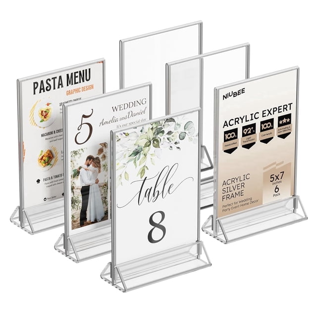 NIUBEE 6pk 5x7 Silver Acrylic Picture Frame Sign Holder for Table ...