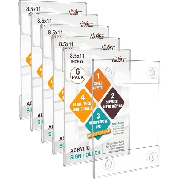 NIUBEE 6 Pack Acrylic Sign Holder 8.5 * 11 with 4 Suction Cups for Glass Window- T Shape Double Sided Table Top Business Decor Display Stand, Portrait Upright Photo Picture Frame Wedding Menu Holder