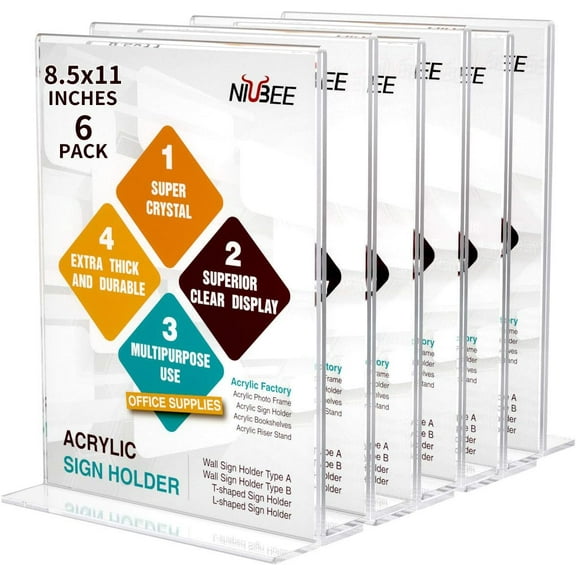 NIUBEE Acrylic Sign Holder 8.5 * 11 - T Shape Double Sided Table Top Business Decor Display Stand, Portrait Upright Photo Picture Frame Wedding Menu Ad Holder,6 Pcs