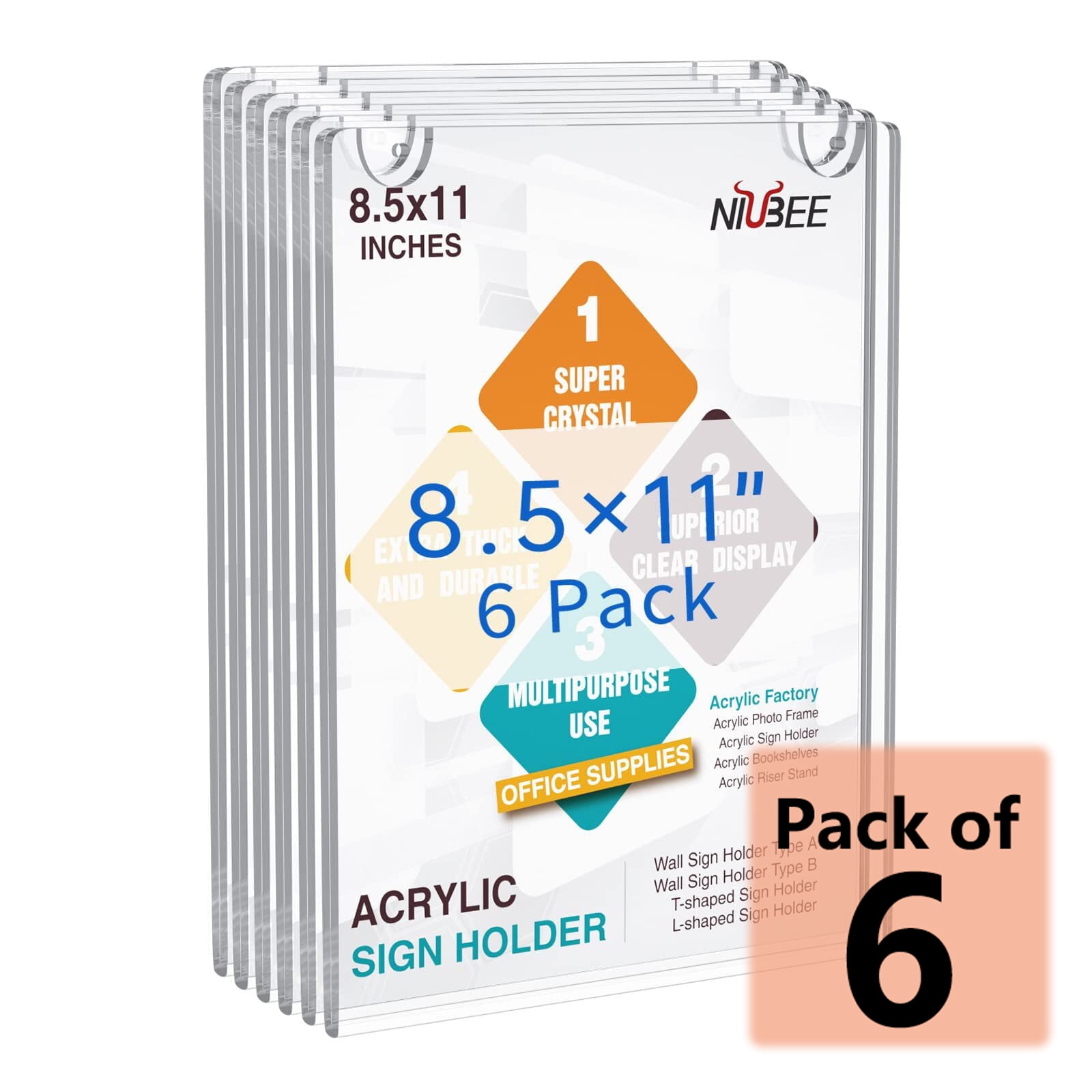 NIUBEE Acrylic Sign Holder Bundle – 6 Pack 5x7" + 6 Pack 8.5x11" Clear Slant Back Desktop Display Stands