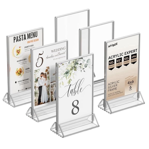 NIUBEE 4x6 Clear Acrylic Sign Holder 6 Pack, Silver Border Double-Sided Wedding Table Number Frames, Vertical Menu Display Stands for Restaurants