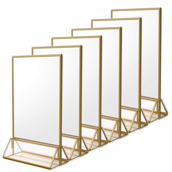 NIUBEE 6 Pack 5 x 7 Acrylic Sign Holder, Wedding Table Number Stands, Double Sided Gold Picture Frames for Menu Recipe Cards,Wedding Events,Picture Frame, Restaurant Sign, Photo Display