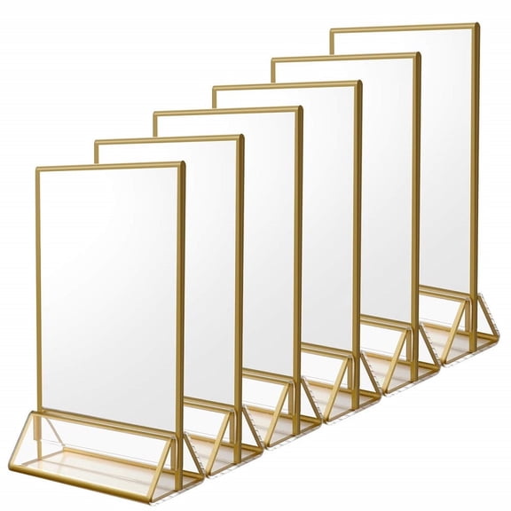 NIUBEE 6 Pack 5 x 7 Gold Frames Acrylic Sign Holder, Wedding Table Number Stands, Double Sided Gold Picture Frames for Menu Recipe Cards,Wedding Events,Picture Frame, Restaurant Sign, Photo Display