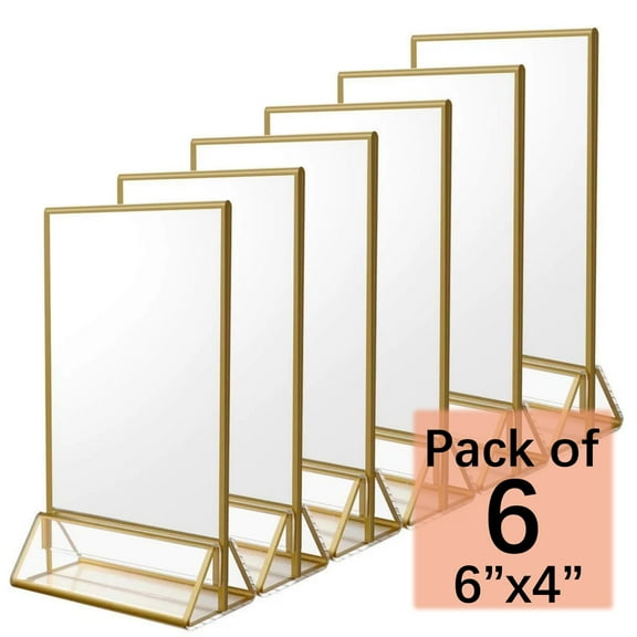 NIUBEE 6 x 4 Clear Acrylic Sign Holder,Gold Frame Double Sided Table Menu Holders Picture Frames, Photos Holder Stand for Wedding Table Number, Restaurant Sign Holder,6Pcs