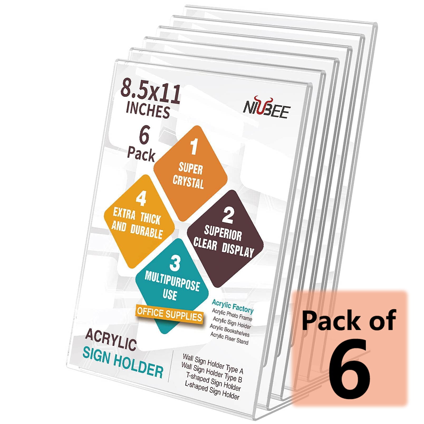 NIUBEE 6Pack 8.5x11 Acrylic Sign Holder with Vertical Slanted Back